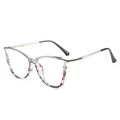 Cat-Eye TR90 Brille mit silbernen Metallbügeln und lila Blumenmuster-Design am Rahmen - Grau Lila Tortoise Rahmen / Anti-Blaulicht klare Linse