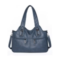 Fashionable dark blue multi-pocket leather handbag with bronze zippers and adjustable strap - Blue