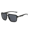 Classic black oversized square sunglasses with double bridge design and metal temple accents - Regular / Black Frame Grey Lens
