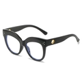 Occhiali da vista cat-eye neri con rivetti argento e accenti dorati in vista a 45 gradi - Montatura nero lucido