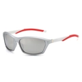 Lunettes de soleil sport argent mat avec branches rouges et blanches sur fond blanc - Monture Argent Verres Miroir Blanc