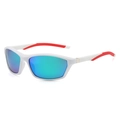 Lunettes de sport avec monture blanche, accents rouges et verres miroirs bleu-vert - Monture Blanche Lentille Verte