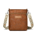 Brown embossed paisley leather crossbody bag with ethnic woven strap on white background - Tan
