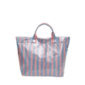 Pink and blue striped tote bag with glossy finish and bold TOTE BAG lettering - Blue