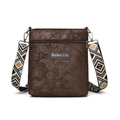 Dark brown embossed paisley phone bag with ethnic style wide adjustable strap - Coffee