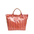 Stylish tote bag with bold orange and purple stripes and glossy finish text detail - Orange