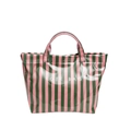 Pink and dark green striped tote bag with white TOTE BAG lettering and glossy finish - Green