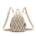 Mini zaino in paglia con strisce geometriche e dettagli di perle e nappa nera - Cachi Chiaro