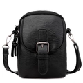 Bolso bandolera negro de piel sintética texturizada con borla y hebilla metálica retro - Estilo de Solapa con Textura de Lichi / Negro
