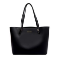 Bolso tote minimalista de cuero negro con texto Forever Young dorado y herrajes de metal - Negro