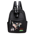 Waterproof nylon backpack with traditional Chinese embroidery of white deer and plum blossoms - Black