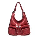 Red soft leather multi-pocket crossbody bag for women with silver hardware accents - Burgundy