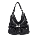 Versatile black soft PU leather shoulder bag with silver wing-logo zipper pockets - Black