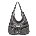 Deep grey vintage soft faux leather hobo bag with multi-pocket design and wide strap - Gray