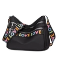 Black Oxford cloth crossbody bag featuring a trendy colorful LOVE LOVE woven strap - Black