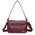 Minimalist wine red faux leather crossbody bag with front flap pocket and silver zipper - Red