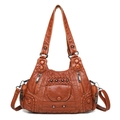 Borsa tote vintage in pelle lavata marrone con tasche multiple e tracolla regolabile - Marrone
