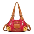 Borsa tote retrò in pelle lavata patchwork con borchie e molteplici tasche pratiche - Rosa Rossa