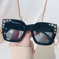 Square black sunglasses with sparkling crystals on frame and gradient lenses - Black Frame Green Pink Lens