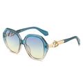 Oval sunglasses with gradient blue lenses and hollowed gold metal temples - Blue Frame Blue Yellow Lens