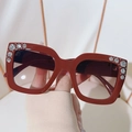 Luxury red square frame sunglasses for women with hand-set sparkling rhinestones - Jujube Red Frame Red Lens