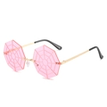 Pink octagonal rimless sunglasses with spider web lens design and gold metal frame - Gold Frame Pink Lens