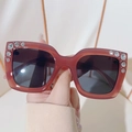 Square oversized sunglasses with reddish-brown transparent frame and crystal rhinestones - Red Frame Grey Lens
