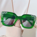 Square translucent green sunglasses for women with luxury rhinestones and gradient lenses - Green Frame Green Pink Gradient Lens