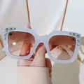 Square oversized sunglasses with lilac purple frame and rhinestones on the corners - Ivory White Frame Tea Pink Lens
