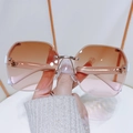Frameless oversized sunglasses with gradient brown and pink lenses and metal trim - White Temples/Tea Pink Lens