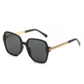 Square fashion sunglasses with black frame and gold woven metal temples for women - Black Frame Grey Lens