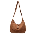 Brown suede minimalist hobo shoulder bag with a woven zipper pull and adjustable strap - Khaki