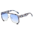 Hip hop sunglasses with blue marble frame, oversized double bridge design, and blue lenses - Regular / Regular (Incl. 13% VAT Invoice) Blue Floral Frame & Blue Lenses