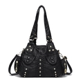 Borsa tote nera in morbida pelle PU con stile punk vintage e dettagli di strass - Nero