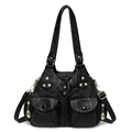 Borsa a mano vintage nera in pelle con tasche multiple e borchie dorate lucide - Nero