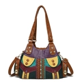 Borsa tote retrò in pelle patchwork con rivetti e dettagli intrecciati colorati - Bicolore Marrone