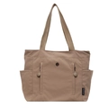 Large khaki waterproof nylon tote bag with front zippers and side pockets for commuting - Khaki