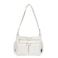 Borsa tote minimalista in velluto a coste beige con tasche multiple e tracolla - Bianco