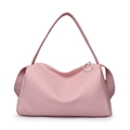 Chic pink pebble leather Boston bag with wide shoulder strap and metal ring zipper pull - Large Pink
