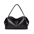 Minimalist black pebbled leather shoulder bag with wide strap and silver ring zipper - Small Black