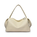 Minimalist cream textured leather shoulder bag with pebbled finish and wide strap - Small Off-White