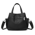 Black nylon multi-layer shoulder bag with silver hardware and adjustable wide strap - Black