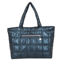 Navy blue quilted tote bag with glossy finish and external zipper pocket for women - Blue