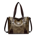 Bolso tote retro grande de cuero marrón oscuro con acabado vintage para mujer - Verde