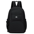 Minimalist black waterproof nylon backpack featuring multiple pockets and a round metal logo - Black