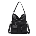 Grand sac cabas noir rétro en similicuir avec multi-poches et sangle réglable - Noir