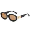 Lunettes de soleil ovales noires rétro avec détail de chaîne dorée sur la branche - Monture Noire Verres Thé Clair