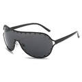 Oversized wrap-around black sunglasses with silver rivet accents and grey lenses - Black Frame Grey Lens
