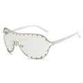 Futuristic silver oversized wrap sunglasses with silver studs and white temples - Silver Frame Light Mercury