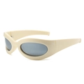 Y2K sporty wraparound sunglasses with cream frame and dark grey lenses for women - Regular / Standard Cream Frame Silver Mirror Lenses